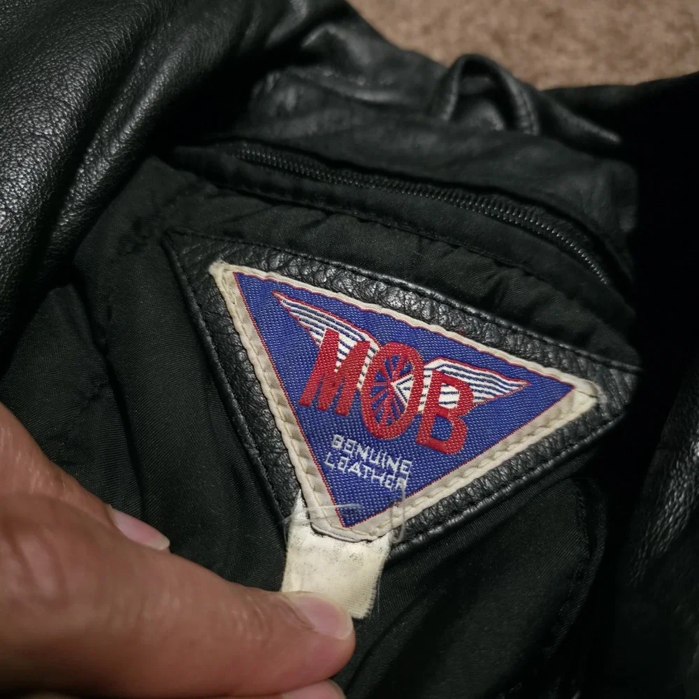 Vintage MOB Black Leather Motorcycle Jacket Mens 52 Biker Moto Riding Heavy Belt